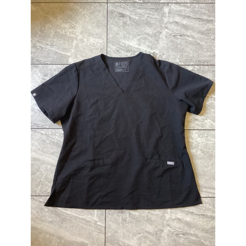 FIGS Technical Collection Black V-Neck Scrub Top Womens XL Short Sleeve 3-Pocket